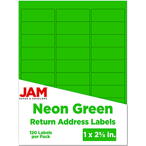 JAM Paper Mailing Address Labels, Rectangle, 1" x 2-5/8", Neon Green, 30 Labels Per Sheet, Pack Of 4 Sheets