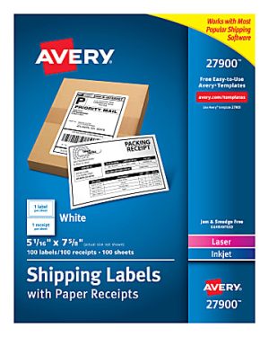 Avery Shipping Labels With Paper Receipts, 27900, 5 1/16" x 7 5/8", White, Pack Of 100