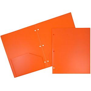 JAM Paper Heavy-Duty 3-Hole-Punched 2-Pocket Plastic Presentation Folders, 9" x 12", Orange, Pack Of 6