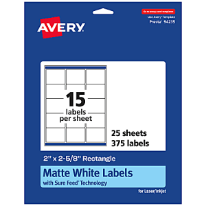 Avery Permanent Labels With Sure Feed, 94235-WMP25, Rectangle, 2" x 2-5/8", White, Pack Of 375