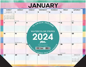 2024 Willow Creek Press Desk Pad Calendar, 22" x 17", Watercolor Stripe, January To December
