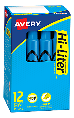 Avery Hi-Liter SmearSafe Highlighters, Chisel Tip, Desk-Style, Fluorescent Blue, Pack Of 12 Highlighters