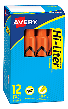 Avery Hi-Liter Desk-Style Highlighters, Fluorescent Orange, Box Of 12