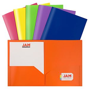 JAM Paper POP Plastic 2-Pocket School Folders, 9-1/2" x 11-1/2", Assorted Primary, Pack Of 6 Folders