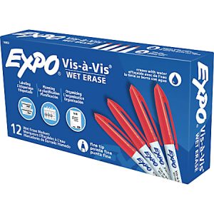 EXPO Vis-A-Vis Wet-Erase Fine-Tip Markers, Red, Box Of 12