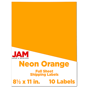 JAM Paper Full-Page Mailing And Shipping Labels, Rectangle, 8 1/2" x 11", Neon Orange, Pack Of 10