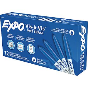 EXPO Vis-A-Vis Wet-Erase Fine-Tip Markers, Blue, Box Of 12