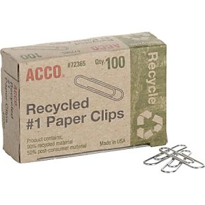 ACCO Paper Clips, 1000 Total, Silver, 50% Recycled, 100 Per Box, Pack Of 10 Boxes