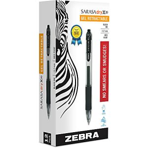 Zebra Sarasa Gel Ink Retractable Pens, Medium Point, 0.7 mm, Clear Barrel, Black Ink, Pack Of 12