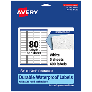 Avery Waterproof Permanent Labels With Sure Feed, 94203-WMF5, Rectangle, 1/2" x 1-3/4", White, Pack Of 400