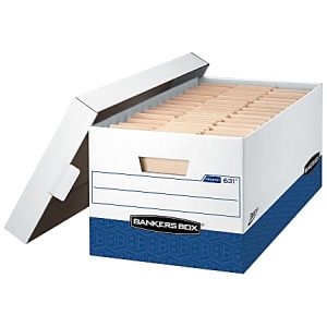 Bankers Box Presto Heavy-Duty Storage Boxes With Locking Lift-Off Lids And Built-In Handles, Letter Size, 24" x 12" x 10", 60% Recycled, White/Blue, Case Of 12