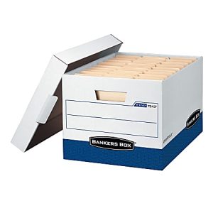 Bankers Box R Kive FastFold Heavy-Duty Storage Boxes With Locking Lift-Off Lids And Built-In Handles, Letter/Legal Size, 15D x 12" x 10", 60% Recycled, White/Blue, Case Of 4