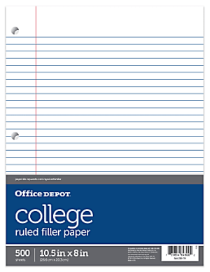 Office Depot Brand Notebook Filler Paper, College Ruled, 8" x 10 1/2", White, Pack Of 500 Sheets