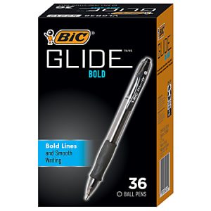 BIC Glide Bold Ballpoint Pens, Bold Point, 1.6 mm, Translucent Barrel, Black Ink, Pack Of 36