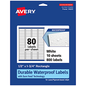 Avery Waterproof Permanent Labels With Sure Feed, 94203-WMF10, Rectangle, 1/2" x 1-3/4", White, Pack Of 800