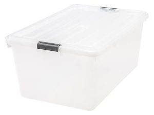 IRIS Buckle Down Plastic Storage Container With Built-In Handles And Snap Lid, 68 Quarts, 11 3/4" x 17 1/4" x 26 1/8", Clear
