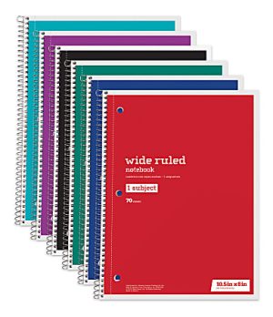 Just Basics® Wirebound Notebook, 8" x 10 1/2", 1 Subject, Wide Ruled, 70 Sheets, Assorted Colors, Pack Of 6
