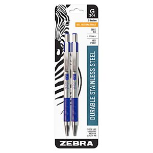 Zebra G-301 Retractable Gel Ink Pens, Medium Point, 0.7 mm, Silver Barrel, Blue Ink, Pack Of 2