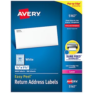 Avery Easy Peel Return Address Labels With Sure Feed Technology, 5167, Rectangle, 1/2" x 1 3/4", White, Box Of 8,000