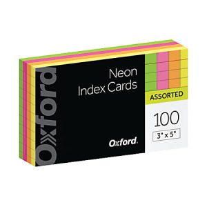 Oxford Neon Index Cards, 3" x 5", Ruled, Assorted Colors, 100 Per Pack