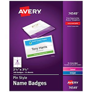 Avery Customizable Name Badges With Pins, 74549, 2-1/4" x 3-1/2", Clear Name Tag Holders With White Printable Inserts, Pack of 100