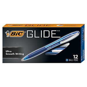 BIC Glide Retractable Ballpoint Pens, Medium Point, 1.0 mm, Clear Barrel, Blue Ink, Pack Of 12