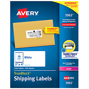 Avery TrueBlock Shipping Labels With Sure Feed Technology, 5963, Rectangle, 2" x 4", White, Pack Of 2,500