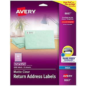 Avery Matte Return Address Labels With Sure Feed Technology, 8667, Rectangle, 1/2" x 1-3/4", Clear, Pack Of 2,000