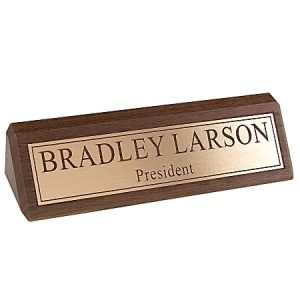 Custom Engraved Raised Gold Foil On Walnut Desk Bar, 1-3/4" x 10-1/2"