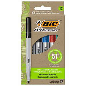 BIC Ecolutions Permanent Markers, Fine Point, 51% Recycled, Silver Barrels, Assorted Ink, Pack Of 12 Markers