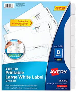 Avery Big Tab Printable Large Label Dividers With Easy Peel, 8 1/2" x 11", 8 Tab, White, Pack Of 4