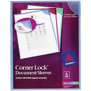 Avery Corner Lock Document Sleeves, 8-1/2" x 11", 20 Sheet Capacity, Assorted (Blue, Green, Purple), Pack Of 6