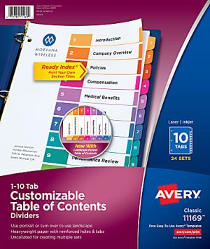Avery Ready Index 1-10 Tab Binder Dividers With Customizable Table Of Contents, 8-1/2" x 11", 10 Tab, White/Multicolor, Box Of 24 Sets