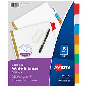 Avery® Big Tab® Write-On Tab Dividers With Erasable Laminated Tabs, 8-Tab, Multicolor