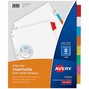 Avery Big Tab Extra-Wide Insertable Dividers, Clear Reinforced, White/Multicolor, 8-Tab