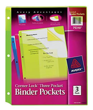 Avery Corner Lock 3-Pocket Binder Pockets, 20 Sheet Capacity, Assorted Colors, Pack Of 3
