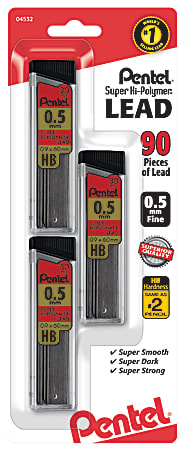 Pentel Super Hi-Polymer Leads, 0.5 mm, HB, 30 Leads Per Tube, Pack Of 3 Tubes