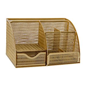 Martha Stewart Ryder Mesh Metal Small Desktop Organizer With Pen Holder And Drawer, 5"H x 8-3/4"W x 5-1/2"D, Gold