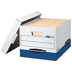 Bankers Box R Kive Heavy-Duty Storage Boxes With Locking Lift-Off Lids And Built-In Handles, Letter/Legal Size, 15" x 12" x 10", 60% Recycled, White/Blue, Case Of 12