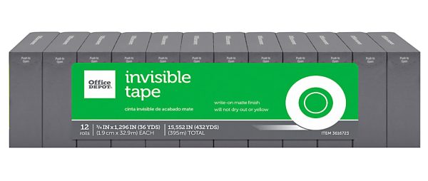 Office Depot Brand Invisible Tape, 3/4" x 1296", Clear, Pack of 12 Rolls