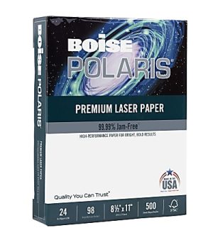 Boise POLARIS Premium Laser Paper, Letter Size (8 1/2" x 11"), 98 (U.S.) Brightness, 24 Lb, White, Ream Of 500 Sheets