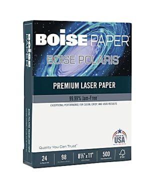 Boise POLARIS Premium Laser Paper, Letter Size (8 1/2" x 11"), 98 (U.S.) Brightness, 24 Lb, FSC Certified, White, 500 Sheets Per Ream, Case Of 8 Reams