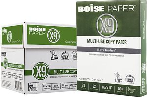 Boise X-9 Multi-Use Printer & Copier Paper, Letter Size (8 1/2" x 11"), 2500 Total Sheets, 92 (U.S.) Brightness, 20 Lb, White, 500 Sheets Per Ream, Case Of 5 Reams