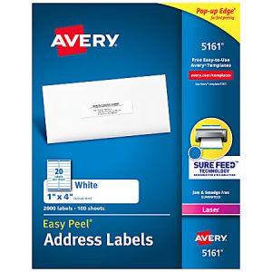 Avery Easy Peel Address Labels With Sure Feed Technology, 5161, Rectangle, 1" x 4", White, Pack Of 2,000