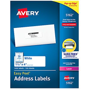 Avery® Easy Peel® Address Labels With Sure Feed® Technology, 5162, Rectangle, 1-1/3" x 4", White, Pack Of 1,400