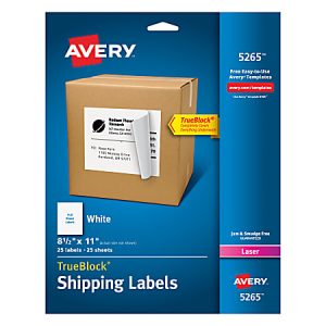 Avery Shipping Labels With TrueBlock Technology, Permanent Adhesive, 5265, Rectangle, 8-1/2" x 11", White, Box Of 25