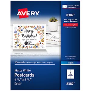 Avery Inkjet Postcards, 4 1/4" x 5 1/2", Matte White, Box of 200