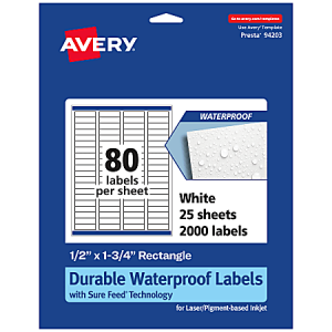 Avery Waterproof Permanent Labels With Sure Feed, 94203-WMF25, Rectangle, 1/2" x 1-3/4", White, Pack Of 2,000