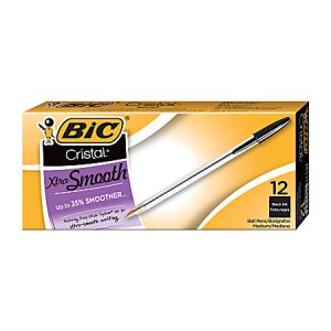BIC® Cristal® Ballpoint Pens, Medium Point, 1.0 mm, Clear Barrel, Black Ink, Pack Of 12