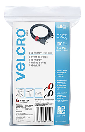 VELCRO Brand ONE-WRAP Thin Ties, 8" x 1/2", Assorted Colors, Pack Of 100 Ties